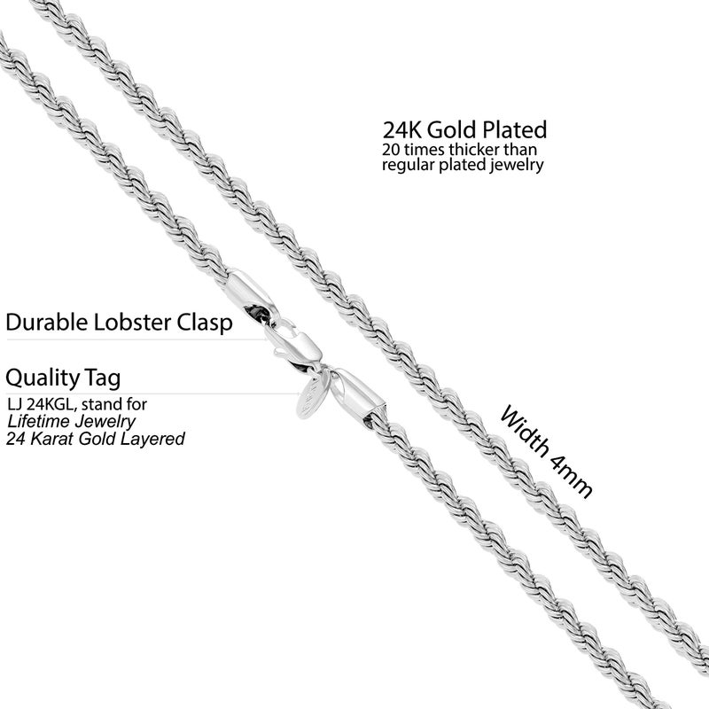 LIFETIME JEWELRY 24k Real Gold Plated 4mm Rope Chain Necklace Diamond Cut Gold Chain for Men Women (24 inches, White Gold Plated) - Image 4